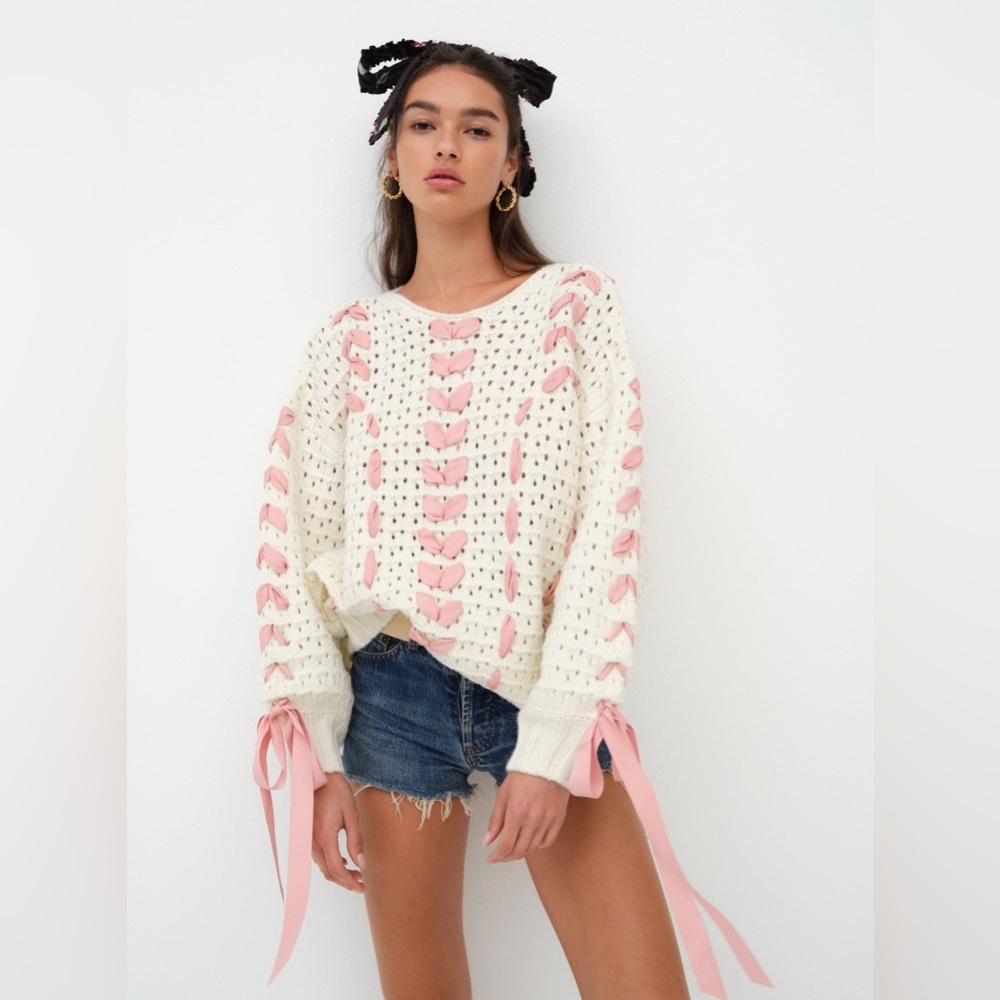 For Love And Lemons Laurel Oversized Pink Ribbon Sweater Size Small NWT - Picture 6 of 14